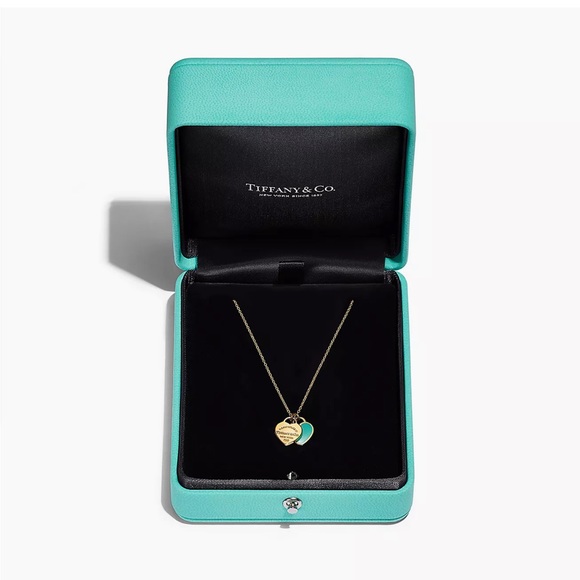 Tiffany 18k Gold Blue Mini Double Heart Tag Pendant Necklace - Picture 6 of 6